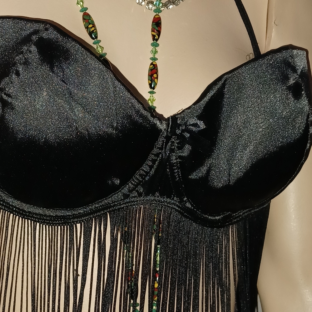 Dreamgirl Black Fringe Halter Bra top XL